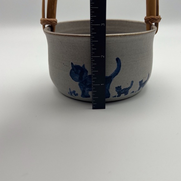 Cat Pottery Basket Trinket Dish Grey Blue Straw Handle Decor Decorative Vintage - Picture 2 of 7
